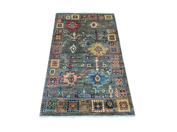 3'1"x4'10" Carbon Gray, Aryana Collection, Peshawar with Colorful Ziegler Mahal Design, High Mountain Wool, Denser Weave, Hand Knotted, Vegetable Dyes, Oriental Rug HR21186