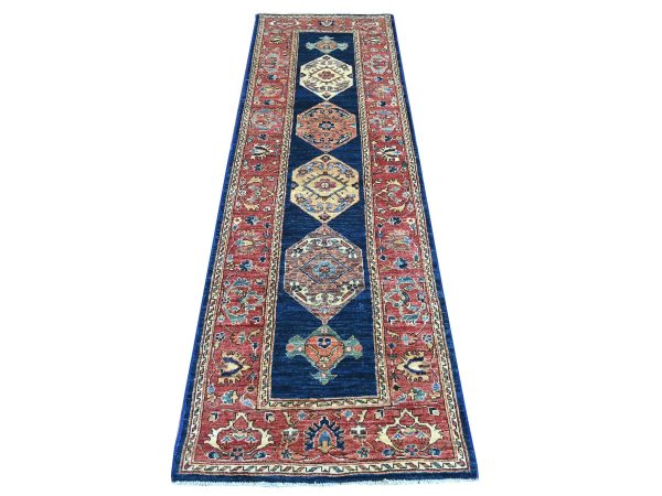 2'6"x8'1" Yale Blue, Serapi Heriz Bakshaish Design, High Mountain Wool, Aryana Collection, Vegetable Dyes, Soft Pile, Hand Knotted, Densely Woven, Runner, Oriental Rug HR21190