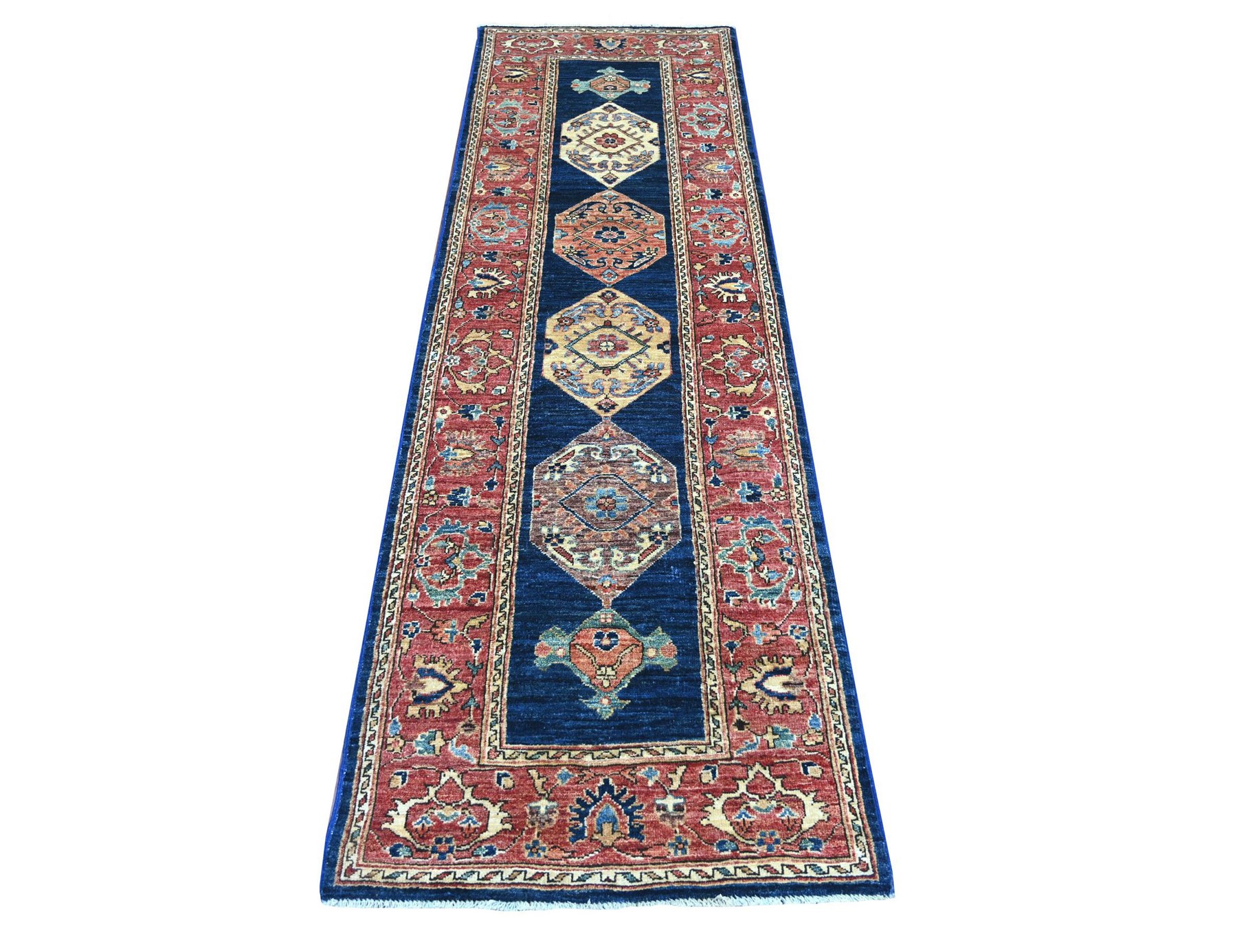 2'6"x8'1" Yale Blue, Serapi Heriz Bakshaish Design, High Mountain Wool, Aryana Collection, Vegetable Dyes, Soft Pile, Hand Knotted, Densely Woven, Runner, Oriental Rug HR21190