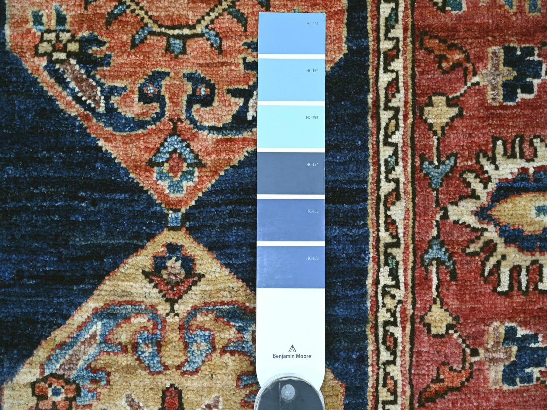 2'6"x8'1" Yale Blue, Serapi Heriz Bakshaish Design, High Mountain Wool, Aryana Collection, Vegetable Dyes, Soft Pile, Hand Knotted, Densely Woven, Runner, Oriental Rug HR21190 - Image 3