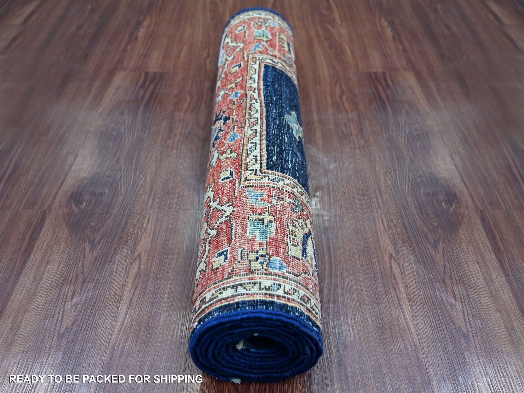 2'6"x8'1" Yale Blue, Serapi Heriz Bakshaish Design, High Mountain Wool, Aryana Collection, Vegetable Dyes, Soft Pile, Hand Knotted, Densely Woven, Runner, Oriental Rug HR21190 - Image 4