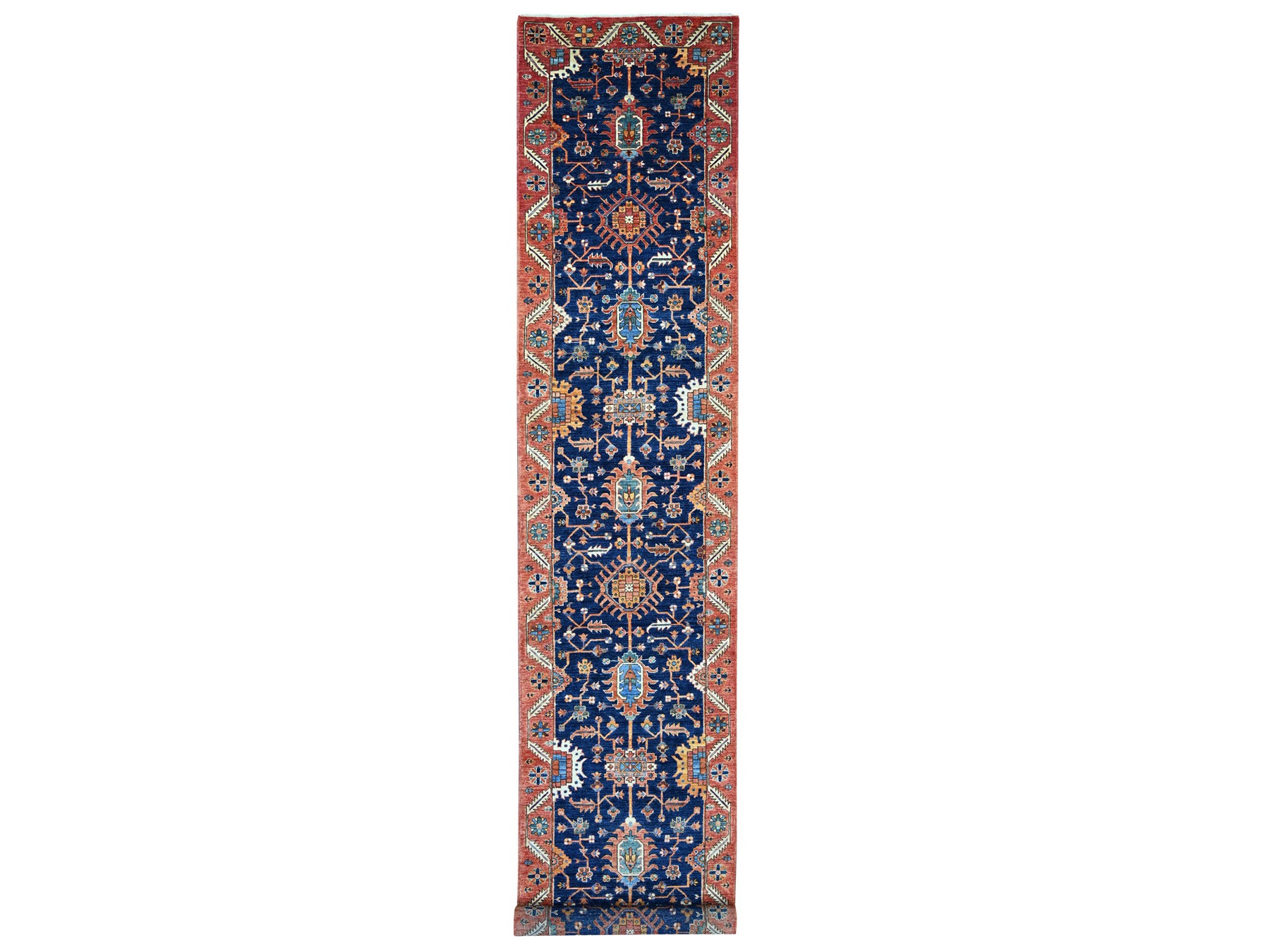 3'1"x19'6" Yale Blue, Heriz All Over Design, Aryana Collection, High Mountain Wool, Hand Knotted, Soft Pile, Densely Woven, Vegetable Dyes, XL Runner, Oriental Rug HR21216