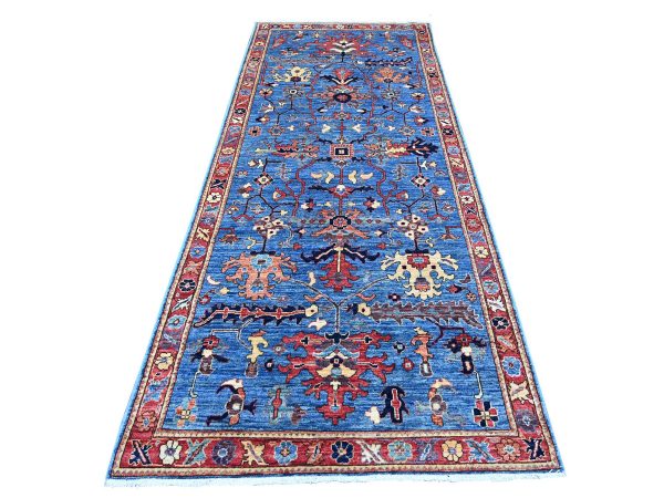 4'1"x10' Imperial Blue, Heriz All Over Design, Aryana Collection, Vegetable Dyes, Hand Knotted, Soft Pile, High Mountain Wool, Densely Woven, Wide Runner, Oriental Rug HR21230