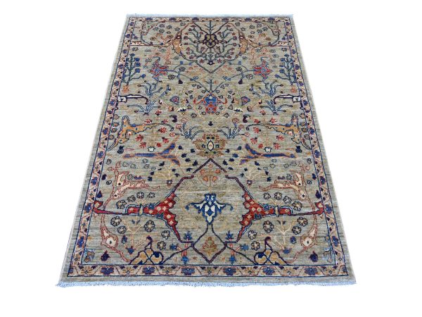 4'1"x6' Stone Gray, Hand Knotted, Peshawar with Bijar Garus Design, Aryana Collection, Vegetable Dyes, High Mountain Wool, Densely Woven, Oriental Rug HR21232