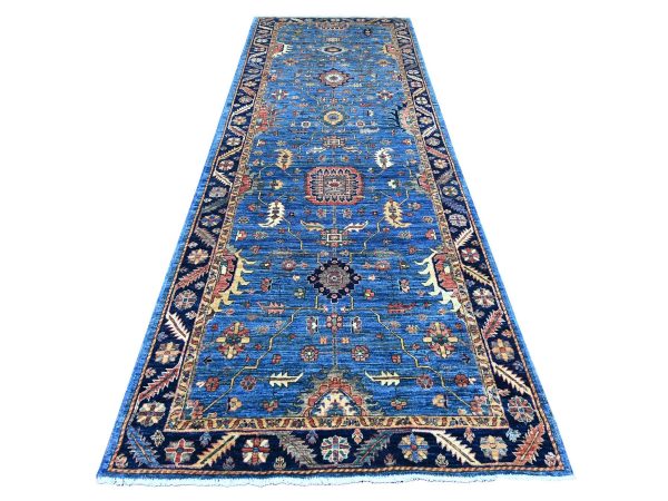 4'3"x12'4" Imperial Blue, Heriz All Over Design, Hand Knotted, Aryana Collection, Vegetable Dyes, High Mountain Wool, Soft Pile, Densely Woven, Wide Runner, Oriental Rug HR21236