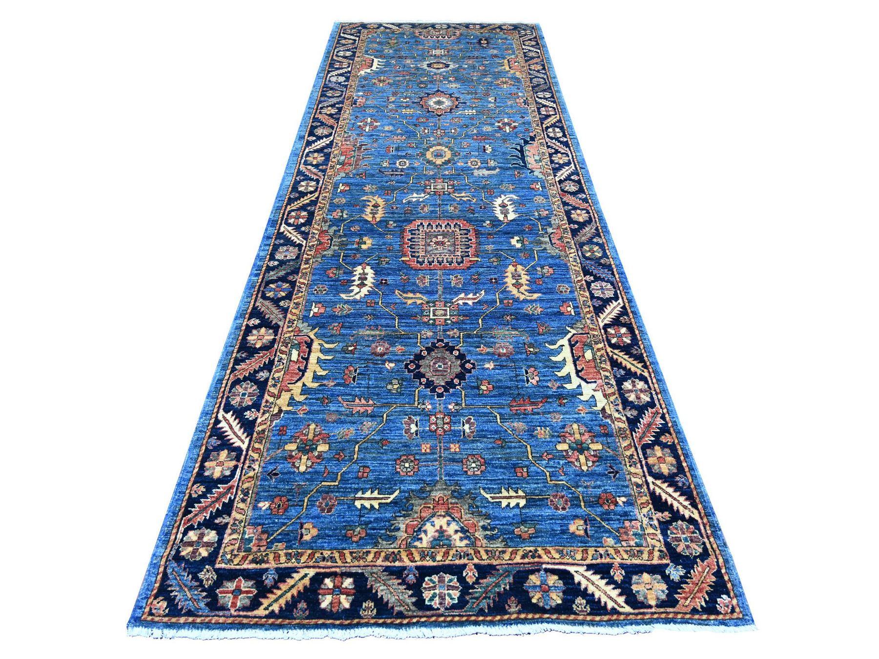 4'3"x12'4" Imperial Blue, Heriz All Over Design, Hand Knotted, Aryana Collection, Vegetable Dyes, High Mountain Wool, Soft Pile, Densely Woven, Wide Runner, Oriental Rug HR21236