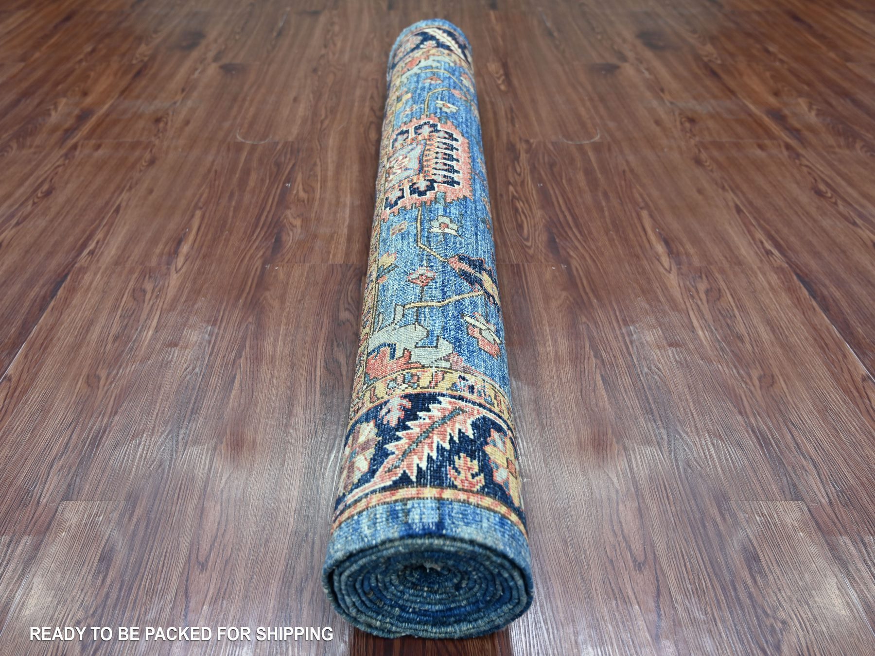 4'3"x12'4" Imperial Blue, Heriz All Over Design, Hand Knotted, Aryana Collection, Vegetable Dyes, High Mountain Wool, Soft Pile, Densely Woven, Wide Runner, Oriental Rug HR21236 - Image 4