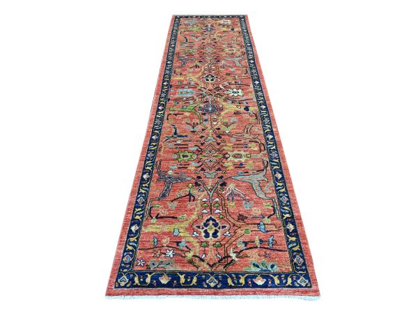 3'2"x11'6" Coral Red, Peshawar with Bijar Garus Design, Aryana Collection, Hand Knotted, Vegetable Dyes, High Mountain Wool, Densely Woven, Runner, Oriental Rug HR21268