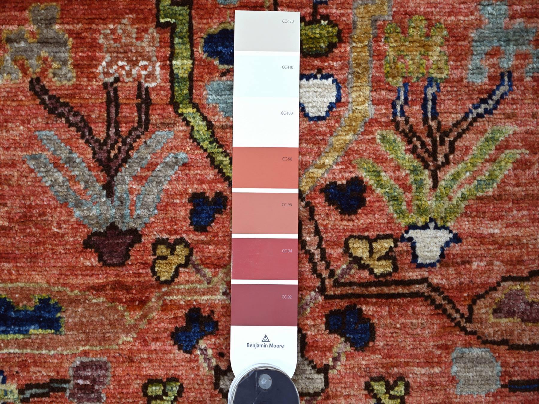 3'2"x11'6" Coral Red, Peshawar with Bijar Garus Design, Aryana Collection, Hand Knotted, Vegetable Dyes, High Mountain Wool, Densely Woven, Runner, Oriental Rug HR21268 - Image 3