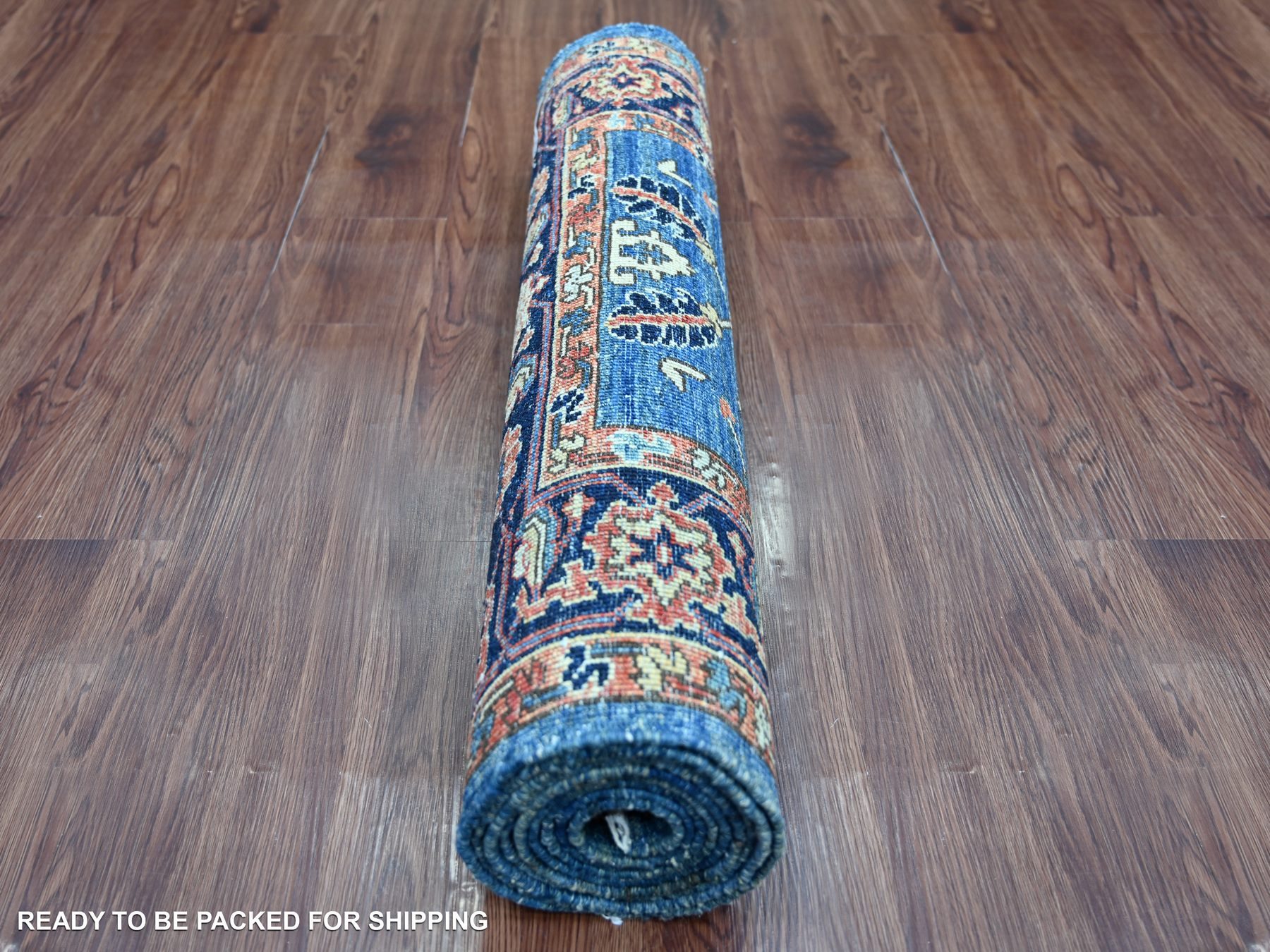 2'8"x9'7" Imperial Blue, Heriz All Over Design, Aryana Collection, Vegetable Dyes, Hand Knotted, Soft Pile, High Mountain Wool, Densely Woven, Runner, Oriental Rug HR21277 - Image 4