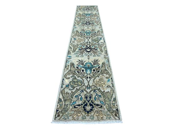 2'7"x14'2" Stone Gray, Bijar Garus Design, High Mountain Wool, Aryana Grade, Hand Knotted, Soft Pile, Vegetable Dyes, Densely Woven, Runner, Oriental Rug HR21280