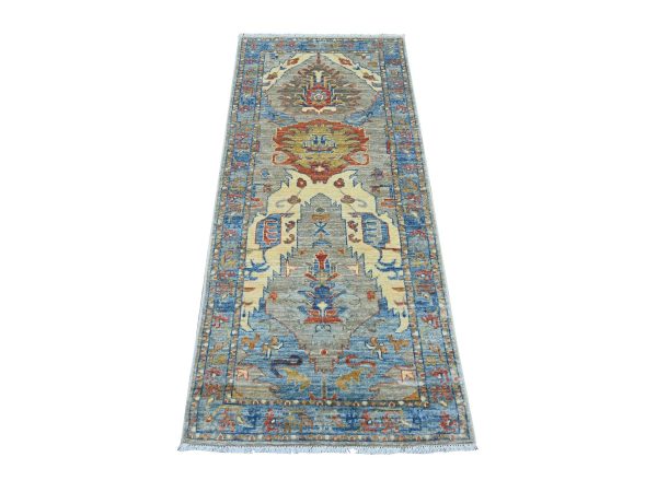 2'7"x5'10" Spanish Gray, Hand Knotted, Aryana Grade, Peshawar with All Over Geometric Leaf Design, Vegetable Dyes, High Mountain Wool, Runner, Oriental Rug HR21282