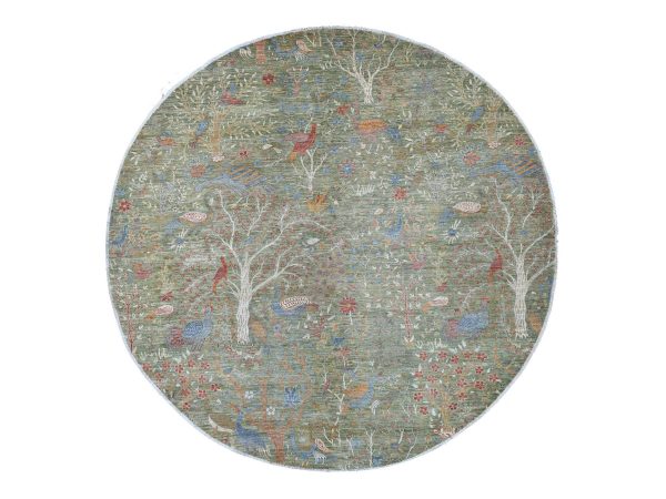 10'x10' Sage Green, Afghan Peshawar with Birds of Paradise Design, Hand Knotted, 100% Wool, Vegetable Dyes, Round, Oriental Rug HR21304