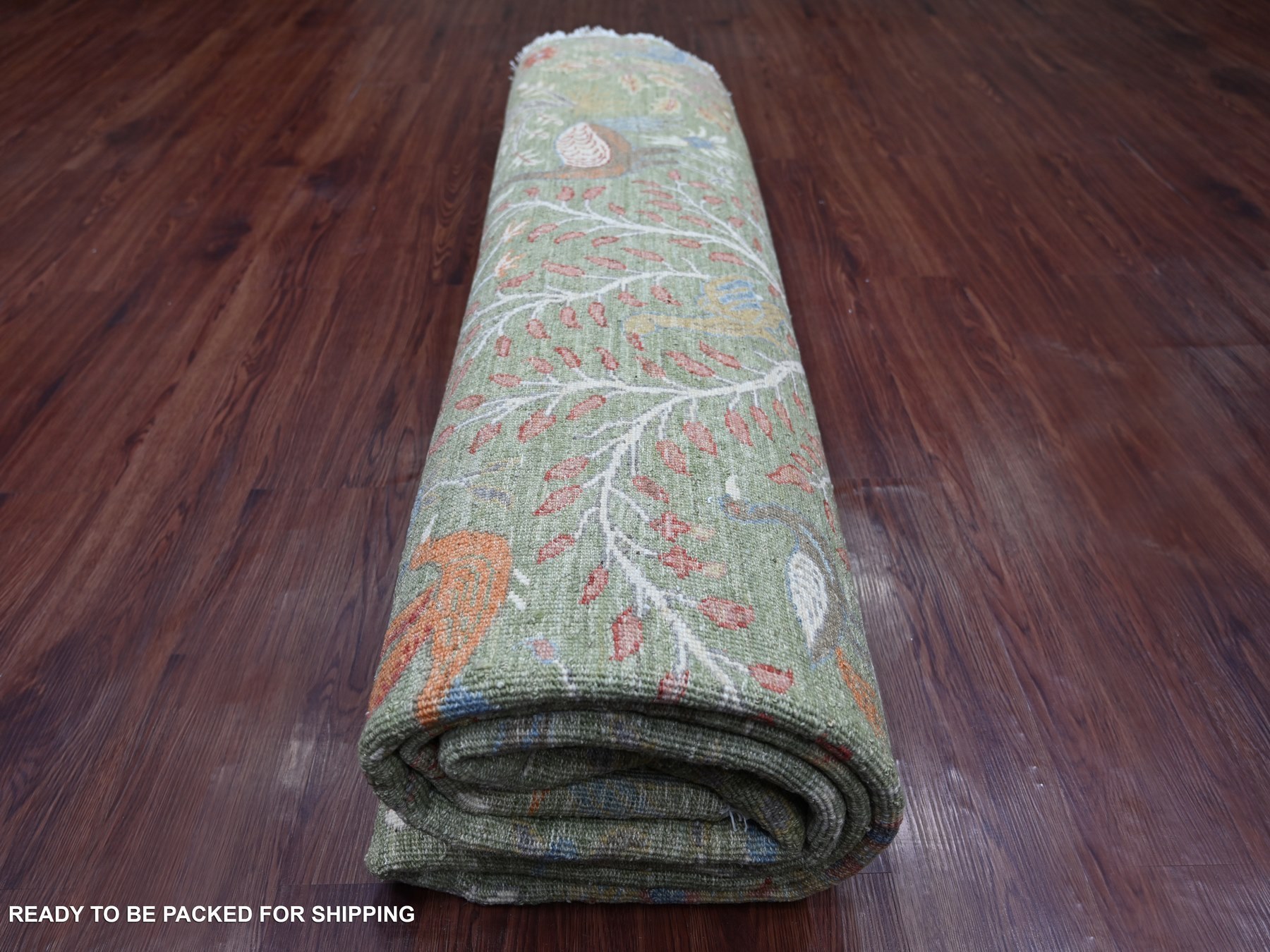 10'x10' Sage Green, Afghan Peshawar with Birds of Paradise Design, Hand Knotted, 100% Wool, Vegetable Dyes, Round, Oriental Rug HR21304 - Image 9