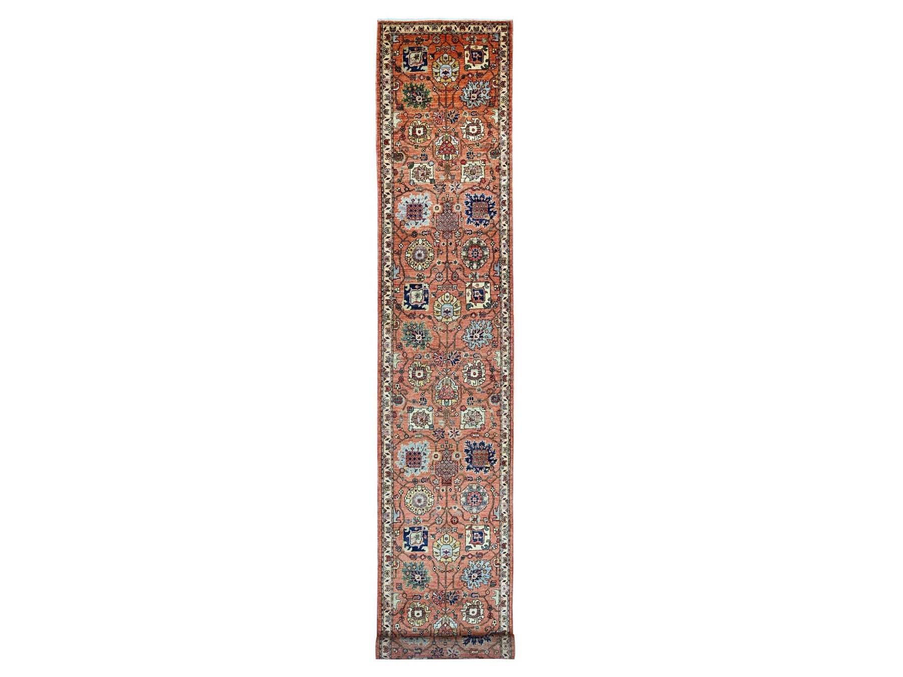 2'8"x19' Coral Red, Northwest Persian All Over Design, Aryana Grade, Hand Knotted, Vegetable Dyes, Soft Pile, High Mountain Wool, Densely Woven, XL Runner, Oriental Rug HR21317