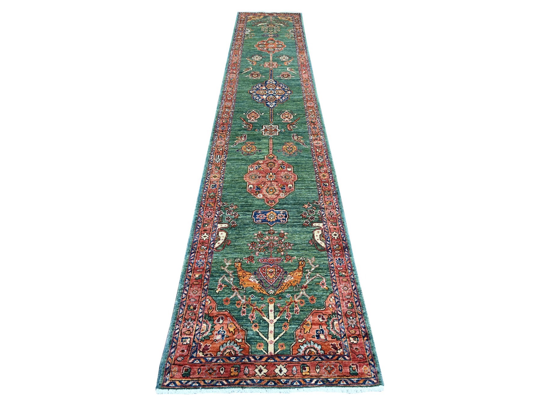 2'5"x13'9" Bottle Green, Tabriz with Peacocks, Persian Design, Aryana Grade, Soft Pile, Hand Knotted, High Mountain Wool, Vegetable Dyes, Densely Woven, Runner, Oriental Rug HR21323