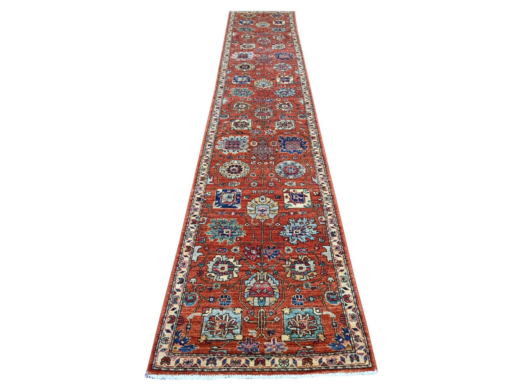 2'7"x14'5" Rust Orange, Northwest Persian All Over Design, Aryana Grade, Hand Knotted, Vegetable Dyes, Soft Pile, High Mountain Wool, Densely Woven, Runner, Oriental Rug HR21325