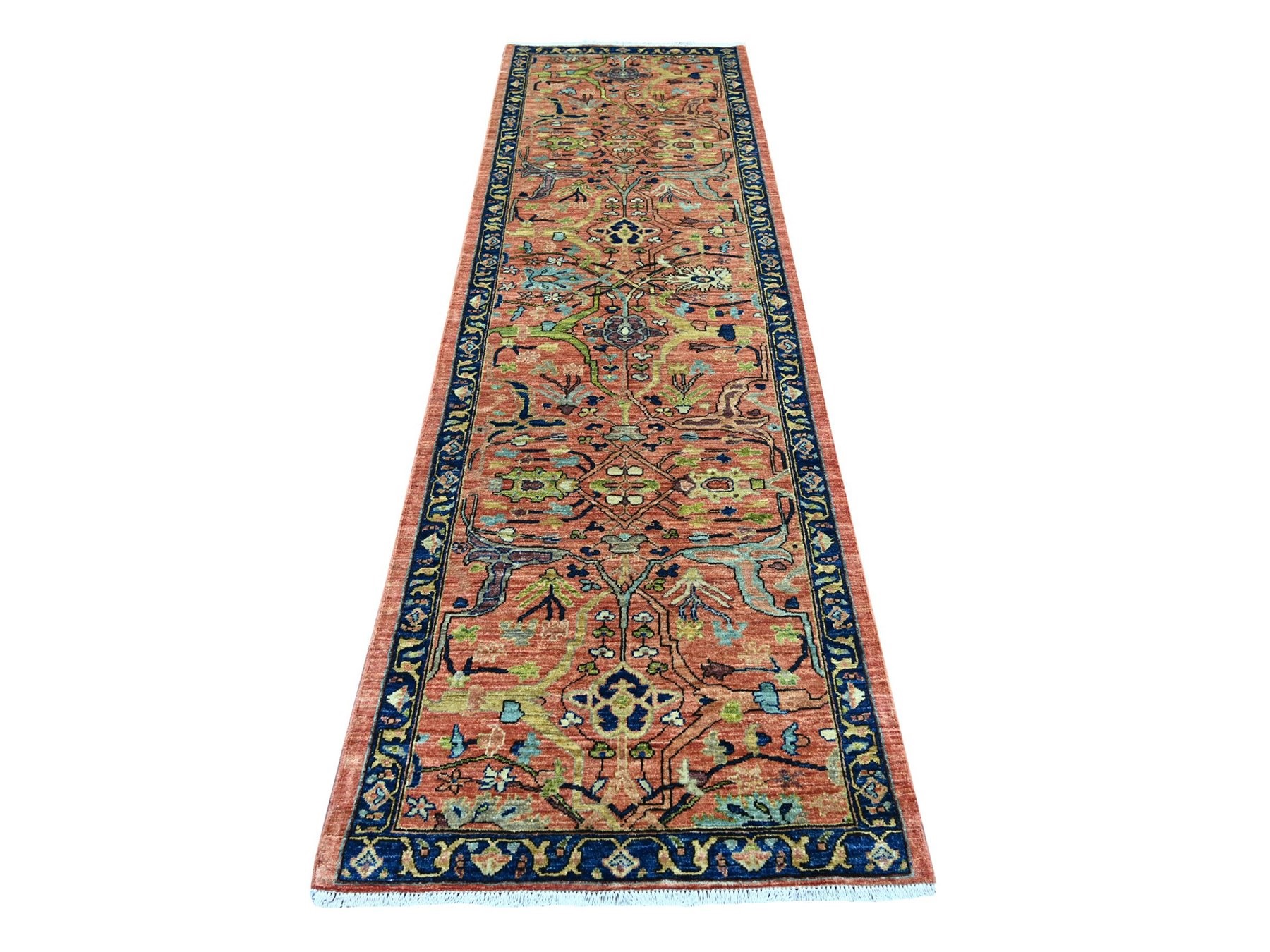 2'10"x9'5" Coral Red, Peshawar with Bijar Garus Design, Hand Knotted, High Mountain Wool, Aryana Grade, Soft Pile, Vegetable Dyes, Densely Woven, Runner, Oriental Rug HR21328