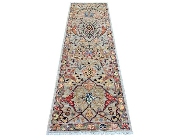2'6"x8' Stone Gray, Peshawar with Bijar Garus Design, Hand Knotted, High Mountain Wool, Aryana Grade, Soft Pile, Vegetable Dyes, Densely Woven, Runner, Oriental Rug HR21333