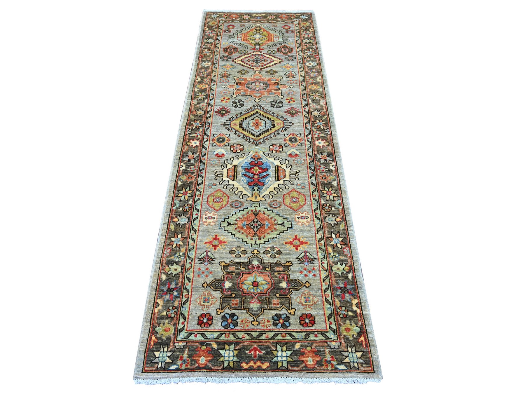 2'7"x8' Cloud Gray, Aryana Grade, Peshawar with Karajeh Design, Vegetable Dyes, High Mountain Wool, Hand Knotted, Runner, Oriental Rug HR21378
