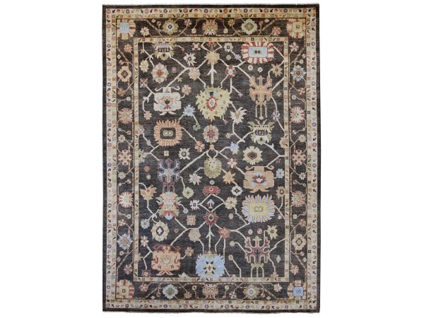 10'x13'10" Charcoal Black, Afghan Angora Oushak with Colorful Leaf Design, Densely Woven, Hand Knotted, 100% Wool, Oriental Rug HR21393