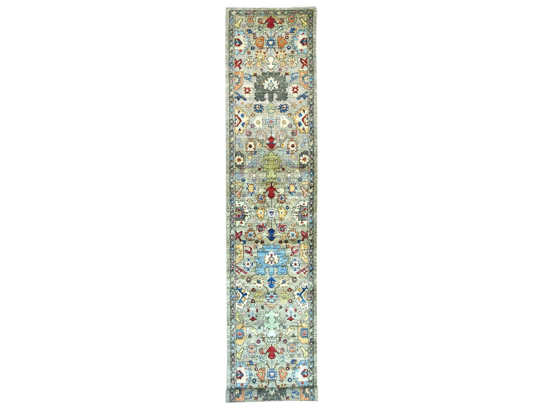 3'x17'7" Greenish Gray, Aryana Collection, Heriz All Over Design, Vegetable Dyes, Hand Knotted, Soft Pile, High Mountain Wool, Densely Woven, XL Runner, Oriental Rug HR21428