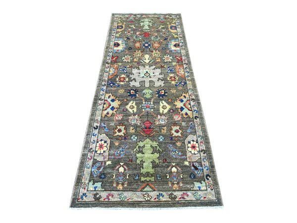 3'x7'9" Fossil Gray, Heriz All Over Design, Aryana Collection, Vegetable Dyes, Hand Knotted, Soft Pile, High Mountain Wool, Densely Woven, Runner, Oriental Rug HR21435