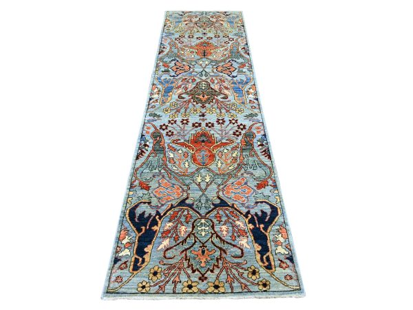 2'9"x10' Baby Blue, Bijar Garus Design, High Mountain Wool, Aryana Grade, Hand Knotted, Soft Pile, Vegetable Dyes, Densely Woven, Runner, Oriental Rug HR21437