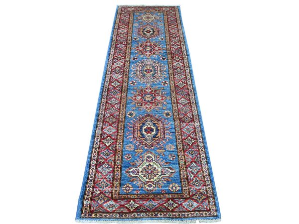 2'7"x8' Cerulean Blue, Afghan Super Kazak with Geometric Medallions Design, Hand Knotted, Pure Wool, Vegetable Dyes, Runner, Oriental Rug HR21452