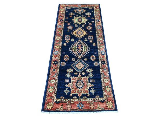 2'5"x6' Midnight Blue, Aryana Collection, Peshawar with Karajeh Design, Vegetable Dyes, High Mountain Wool, Hand Knotted, Runner, Oriental Rug HR21461