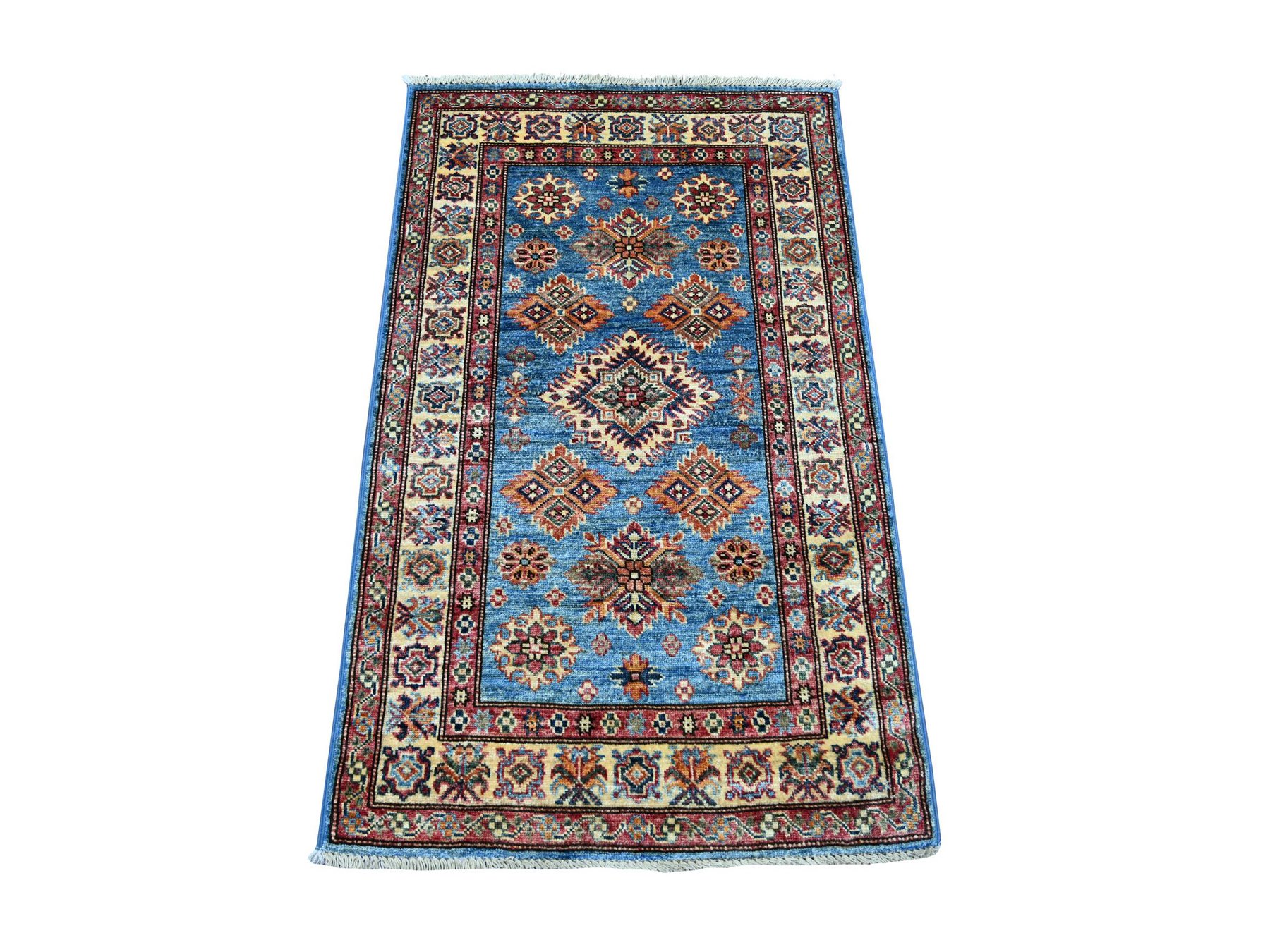 2'8"x4'1" Cerulean Blue, Pure Wool, Afghan Super Kazak with Geometric Medallions Design, Hand Knotted, Vegetable Dyes, Sample, Mat, Oriental Rug HR21464