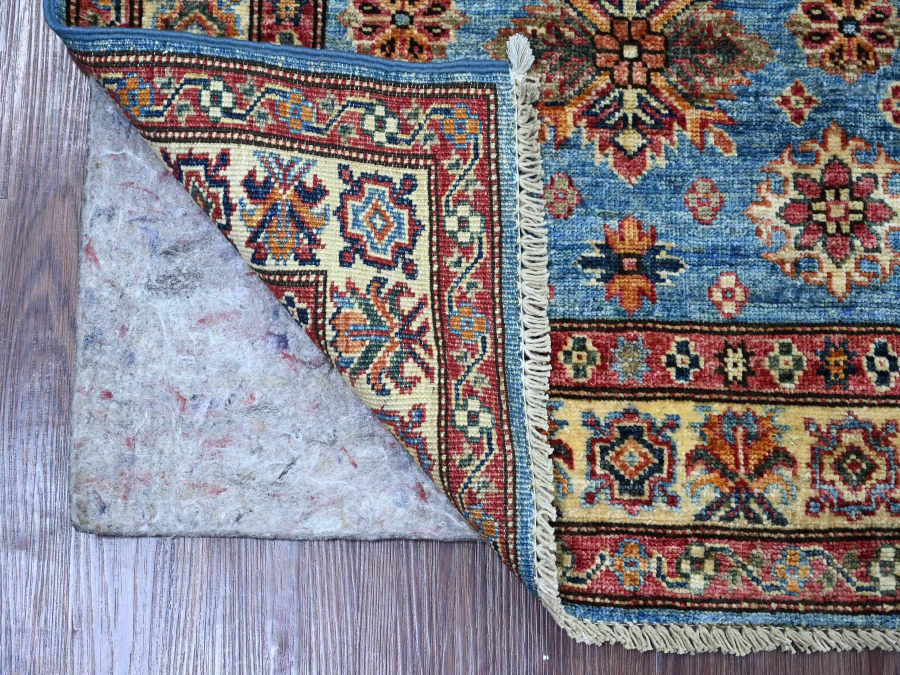 2'8"x4'1" Cerulean Blue, Pure Wool, Afghan Super Kazak with Geometric Medallions Design, Hand Knotted, Vegetable Dyes, Sample, Mat, Oriental Rug HR21464 - Image 2