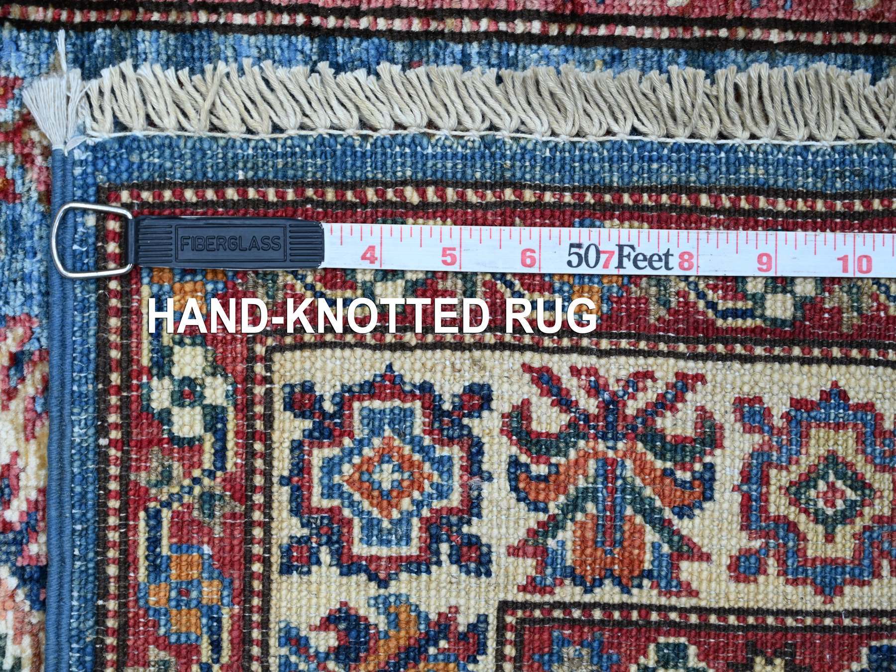 2'8"x4'1" Cerulean Blue, Pure Wool, Afghan Super Kazak with Geometric Medallions Design, Hand Knotted, Vegetable Dyes, Sample, Mat, Oriental Rug HR21464 - Image 6