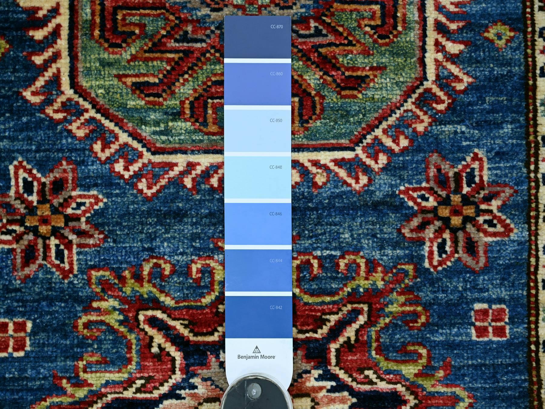 2'10"x4' Cerulean Blue, Hand Knotted, Afghan Super Kazak with Geometric Medallions Design, Pure Wool, Vegetable Dyes, Mat, Sample, Oriental Rug HR21468 - Image 3