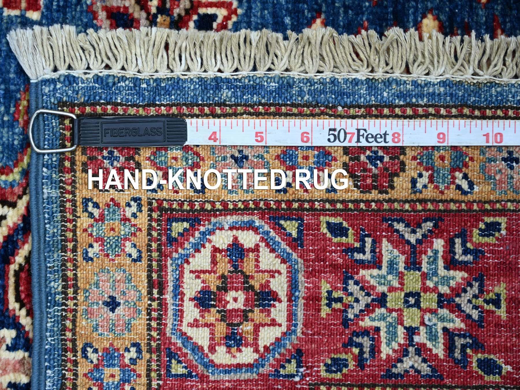 2'10"x4' Cerulean Blue, Hand Knotted, Afghan Super Kazak with Geometric Medallions Design, Pure Wool, Vegetable Dyes, Mat, Sample, Oriental Rug HR21468 - Image 6