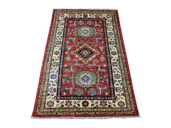 3'3"x5' Ruby Red, Pure Wool, Afghan Super Kazak with Geometric Medallions Design, Hand Knotted, Vegetable Dyes, Oriental Rug HR21469