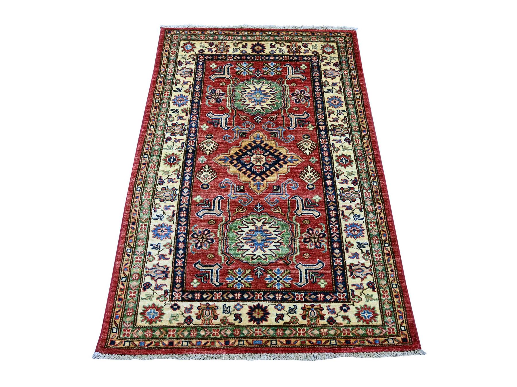 3'3"x5' Ruby Red, Pure Wool, Afghan Super Kazak with Geometric Medallions Design, Hand Knotted, Vegetable Dyes, Oriental Rug HR21469