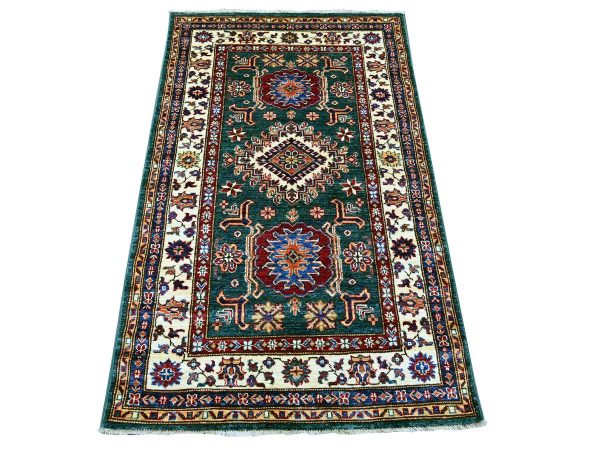 3'1"x5'1" Tropical Rainforest Green, Vegetable Dyes, Afghan Super Kazak with Geometric Medallions Design, Hand Knotted, Pure Wool, Oriental Rug HR21472