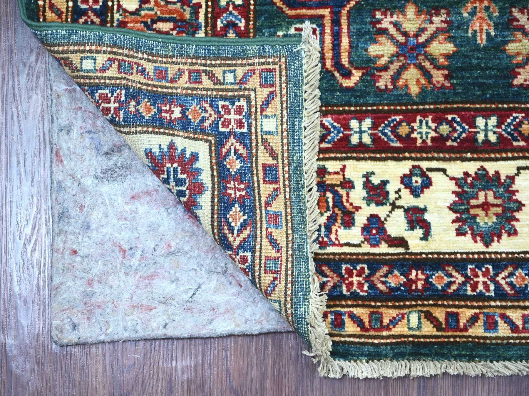3'1"x5'1" Tropical Rainforest Green, Vegetable Dyes, Afghan Super Kazak with Geometric Medallions Design, Hand Knotted, Pure Wool, Oriental Rug HR21472 - Image 2