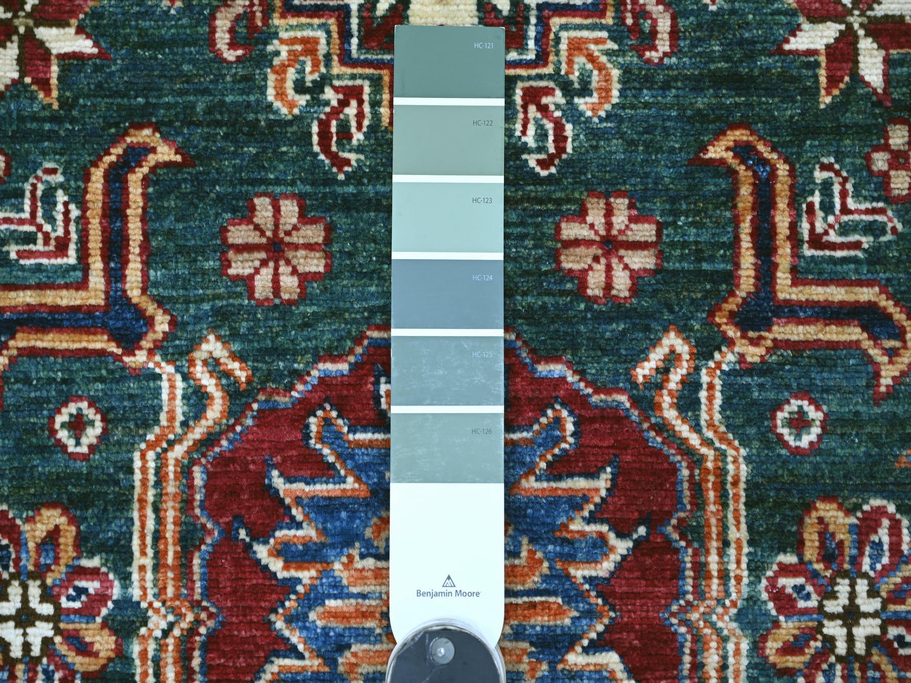 3'1"x5'1" Tropical Rainforest Green, Vegetable Dyes, Afghan Super Kazak with Geometric Medallions Design, Hand Knotted, Pure Wool, Oriental Rug HR21472 - Image 3