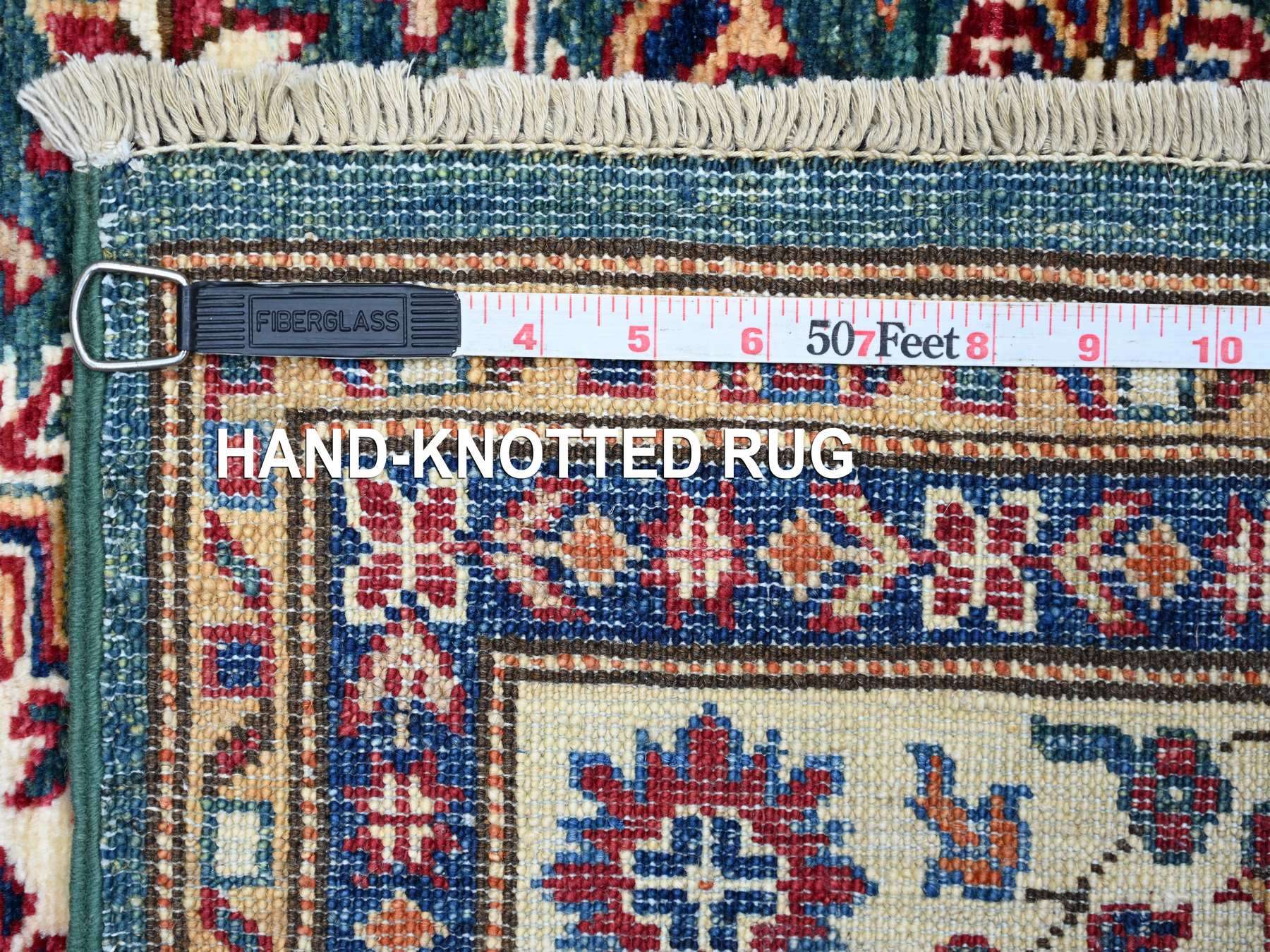 3'1"x5'1" Tropical Rainforest Green, Vegetable Dyes, Afghan Super Kazak with Geometric Medallions Design, Hand Knotted, Pure Wool, Oriental Rug HR21472 - Image 6