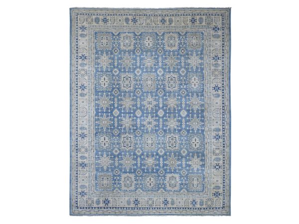 8'10"x11'6" Yonder Blue, Vintage Look Kazak with Geometric Medallions Design, 100% Wool, Hand Knotted, Natural Dyes, Oriental Rug HR21489