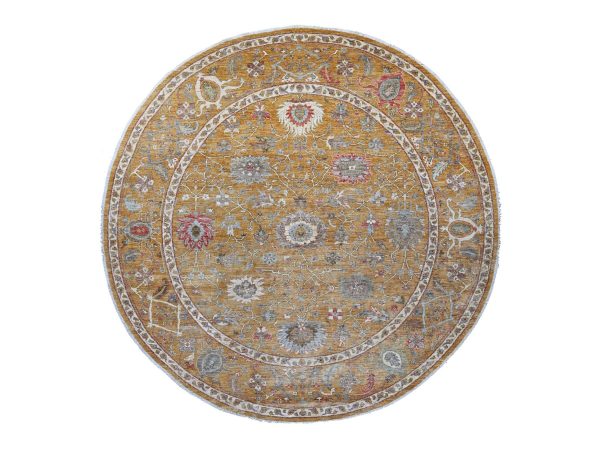 10'x10' Golden Brown, Peshawar with Ziegler Mahal Design, High Mountain Wool, Denser Weave, Hand Knotted, Round, Oriental Rug HR21509