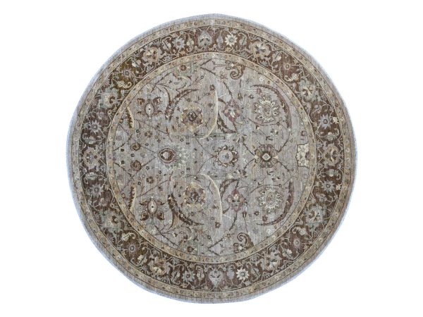 10'x10' Fossil Gray, Peshawar with Heriz All Over Design, High Mountain Wool, Densely Woven, Hand Knotted, Round, Oriental Rug HR21512