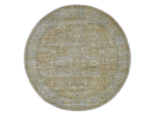8'3"x8'3" Beaver Brown, Peshawar with Heriz All Over Design, High Mountain Wool, Densely Woven, Hand Knotted, Round, Oriental Rug HR21515