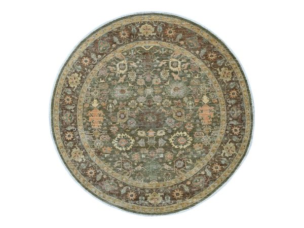 8'4"x8'4" Basil Green, Peshawar with Ziegler Mahal Design, Hand Knotted, High Mountain Wool, Denser Weave, Round, Oriental Rug HR21517