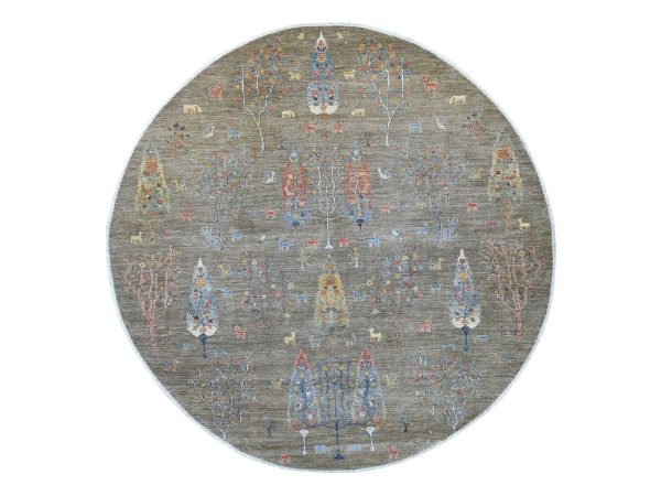 10'x10' Stone Gray, Peshawar with Cypress Tree Design, Hand Knotted, High Mountain Wool, Denser Weave, Round, Oriental Rug HR21536