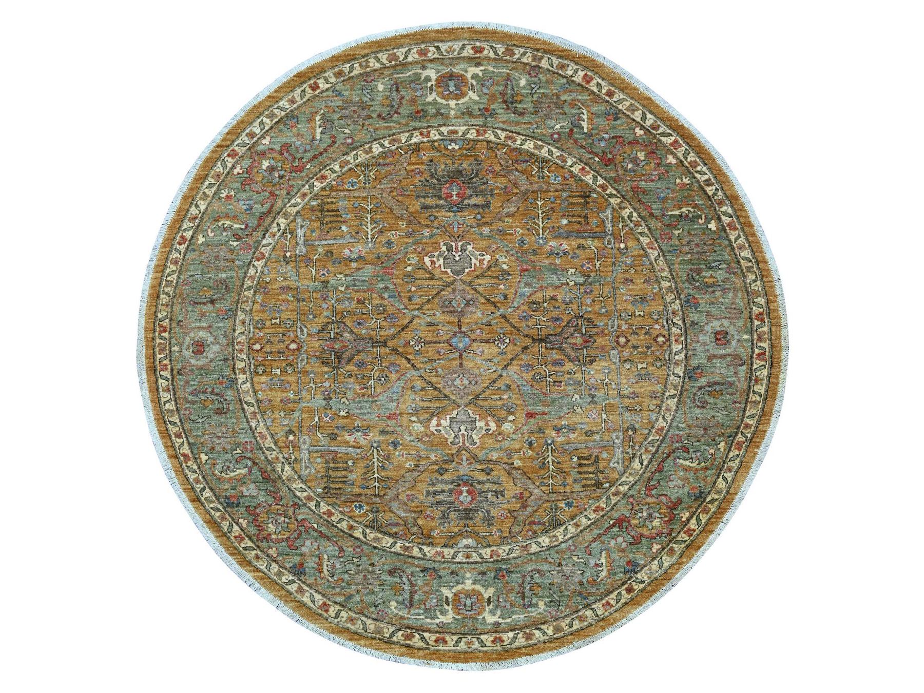 6'x6' Golden Brown, Peshawar with Bijar Garus Design, High Mountain Wool, Densely Woven, Hand Knotted, Round, Oriental Rug HR21540