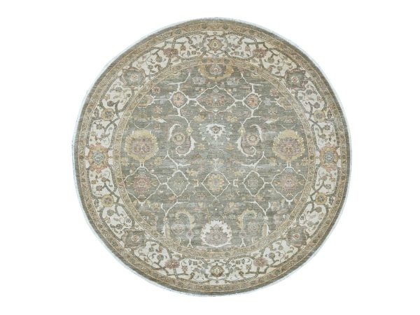 8'x8' Sage Green, Peshawar with Ziegler Mahal Design, Hand Knotted, High Mountain Wool, Denser Weave, Round, Oriental Rug HR21549