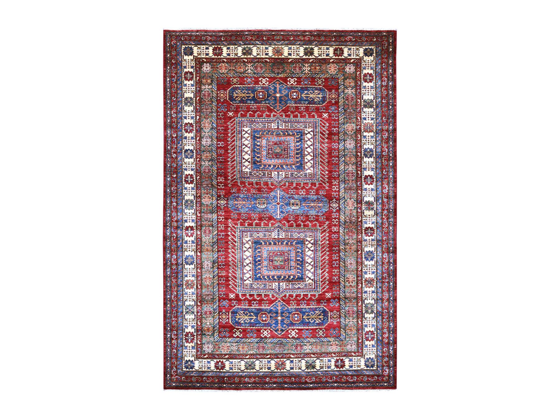6'x9'4" Brick Red, Pure Wool, Vegetable Dyes, Afghan Super Kazak with Geometric Medallions Design, Hand Knotted, Oriental Rug HR21553